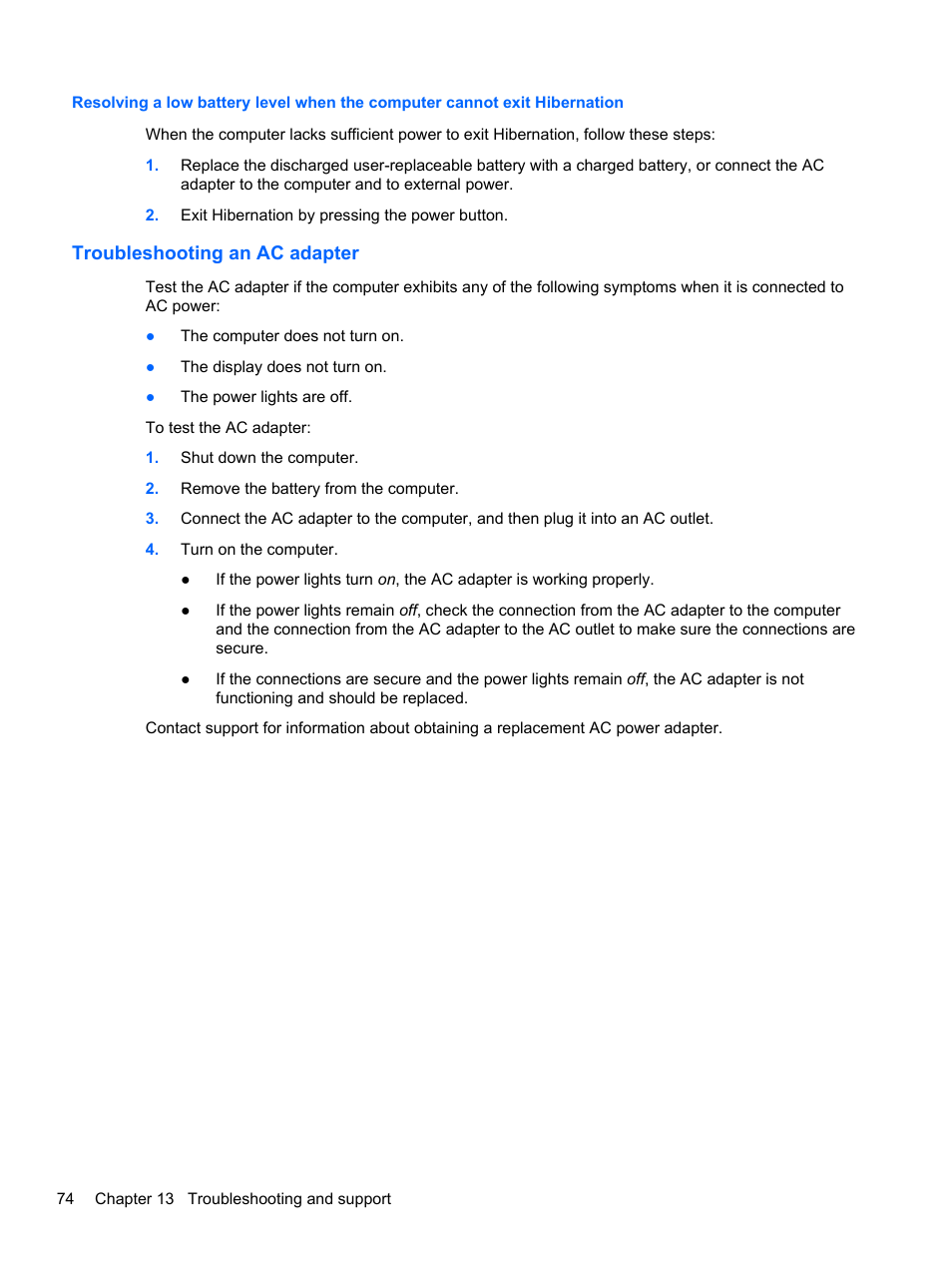 Troubleshooting an ac adapter | HP 245 G1 Notebook PC User Manual | Page 84 / 89