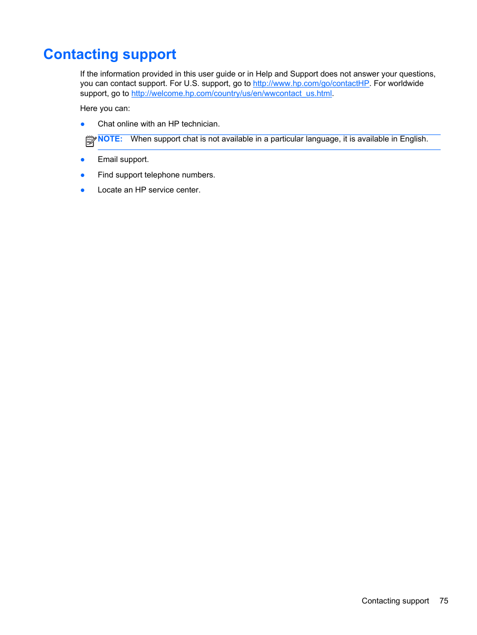 Contacting support | HP 245 G1 Notebook PC User Manual | Page 85 / 89