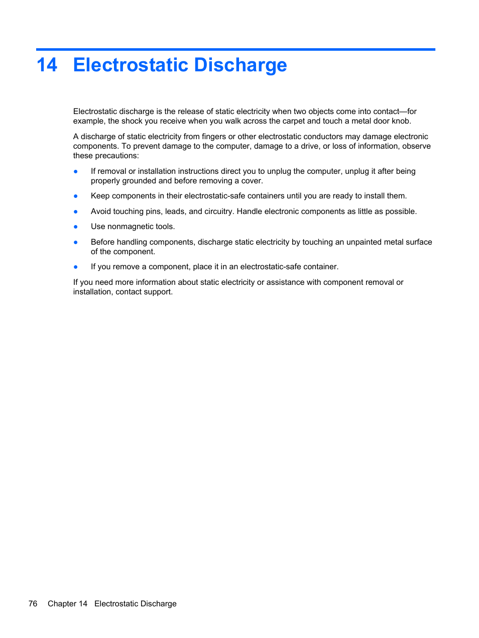Electrostatic discharge, 14 electrostatic discharge | HP 245 G1 Notebook PC User Manual | Page 86 / 89