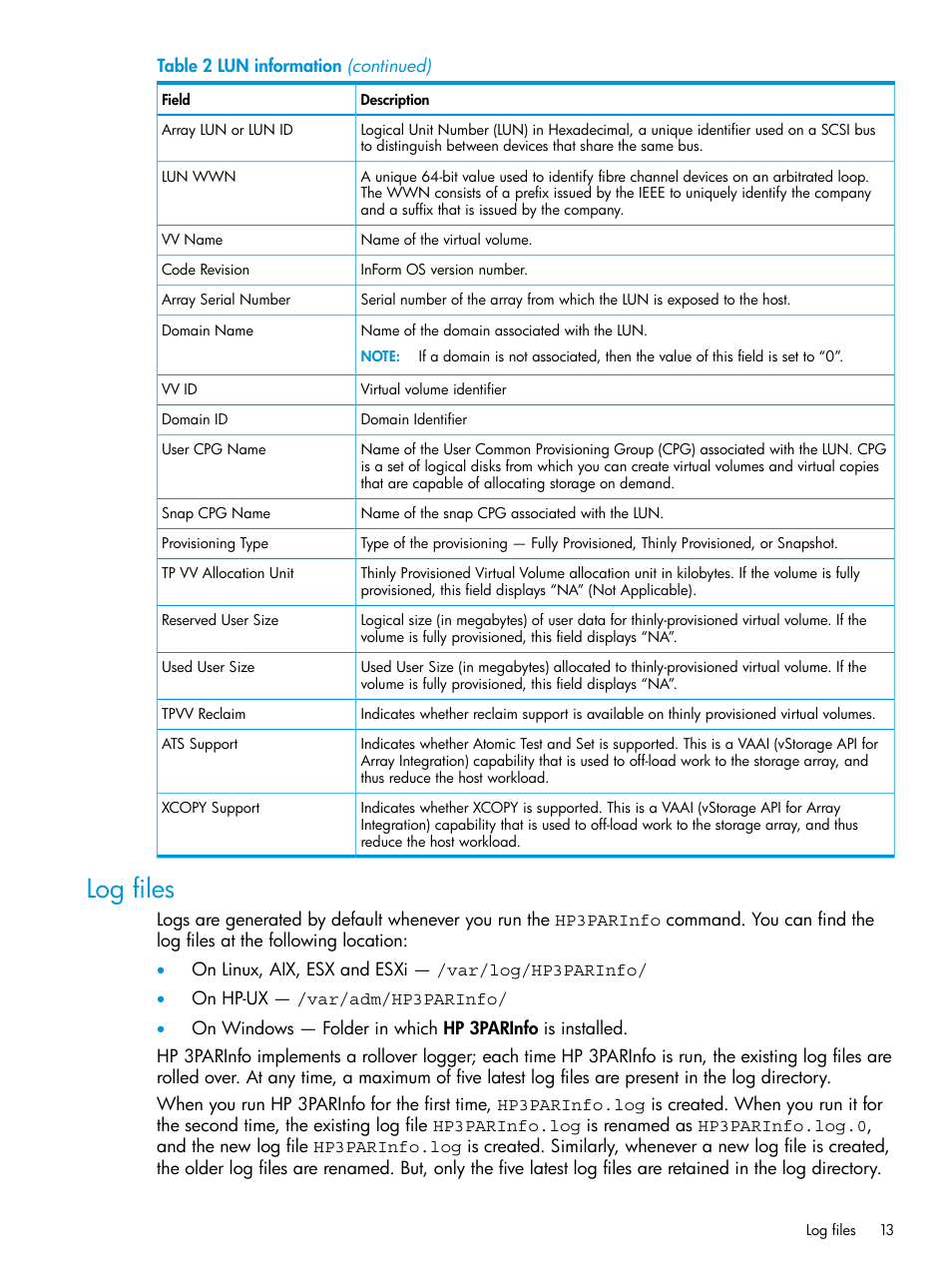 Log files | HP 3PAR System Reporter Software User Manual | Page 13 / 19