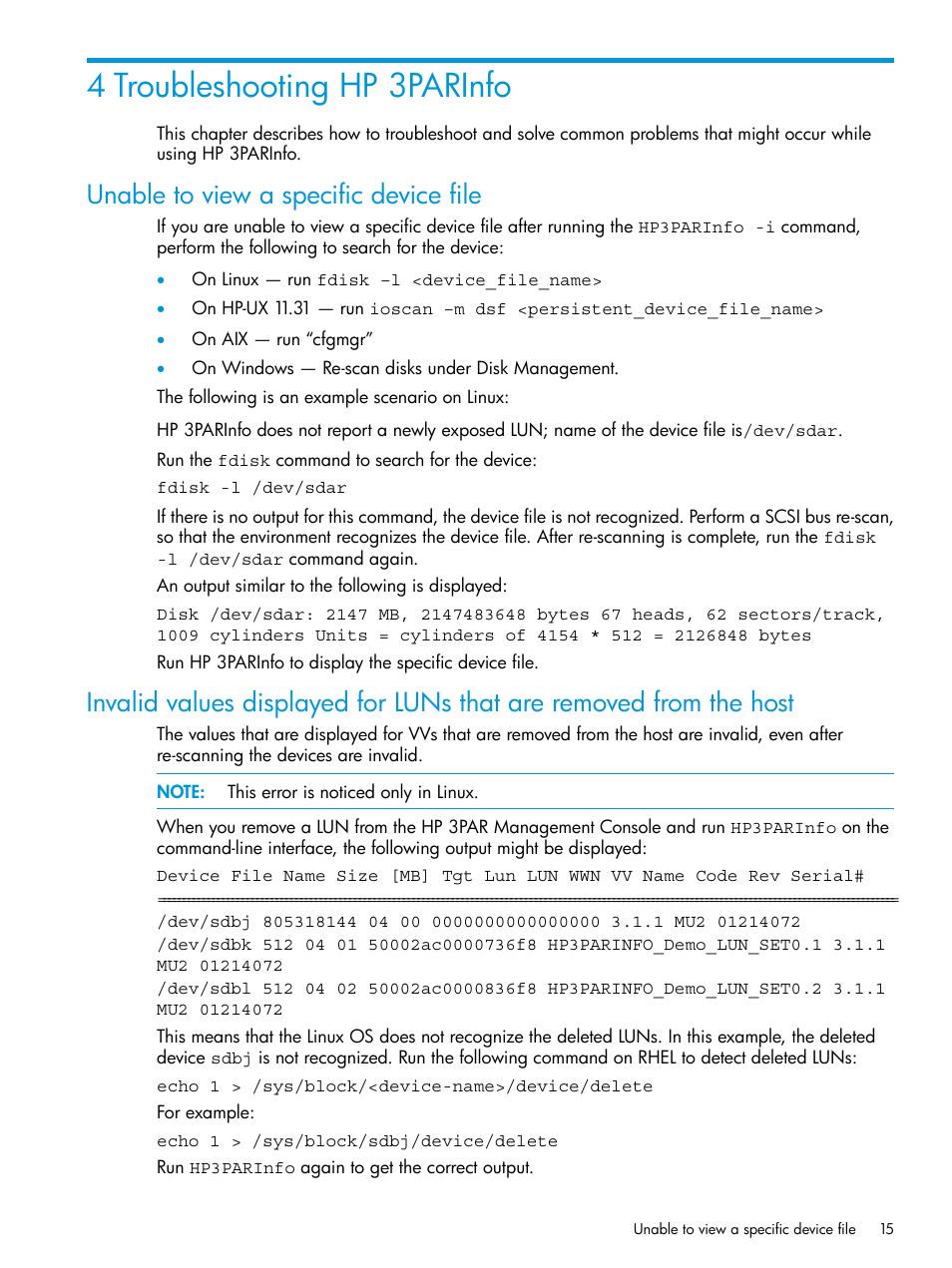 4 troubleshooting hp 3parinfo, Unable to view a specific device file | HP 3PAR System Reporter Software User Manual | Page 15 / 19
