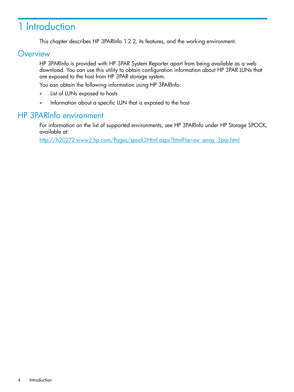 1 introduction, Overview, Hp 3parinfo environment | Overview hp 3parinfo environment | HP 3PAR System Reporter Software User Manual | Page 4 / 19