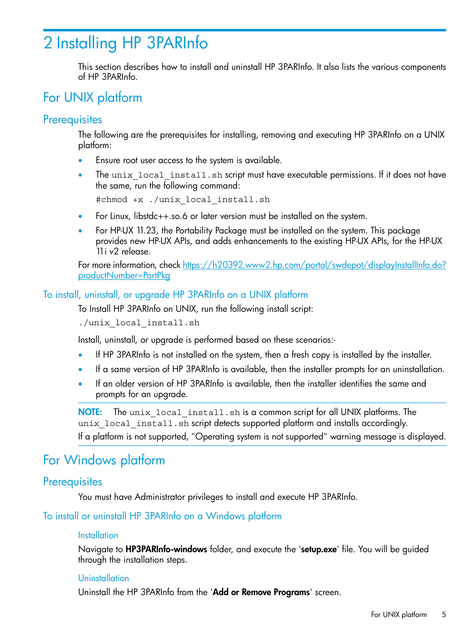 2 installing hp 3parinfo, For unix platform, Prerequisites | For windows platform, Installation, Uninstallation, Installation uninstallation | HP 3PAR System Reporter Software User Manual | Page 5 / 19