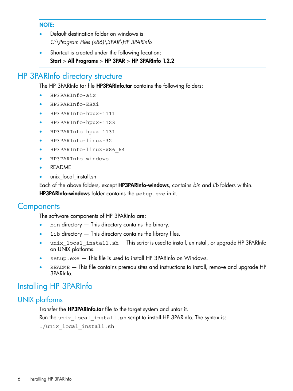 Hp 3parinfo directory structure, Components, Installing hp 3parinfo | Unix platforms | HP 3PAR System Reporter Software User Manual | Page 6 / 19