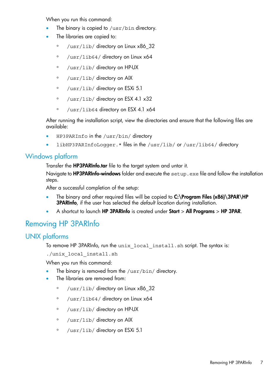 Windows platform, Removing hp 3parinfo, Unix platforms | HP 3PAR System Reporter Software User Manual | Page 7 / 19