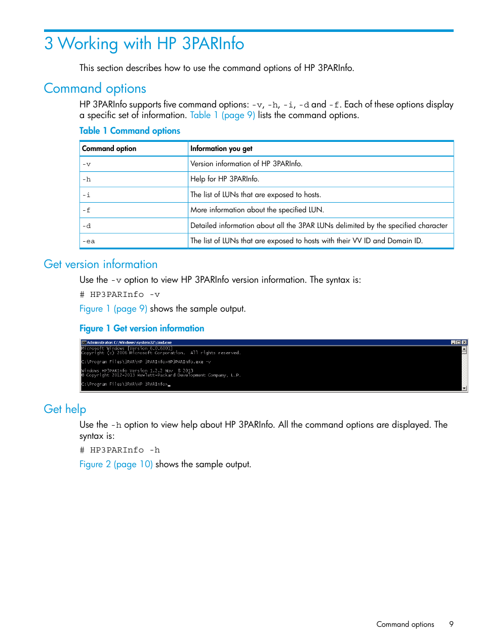 3 working with hp 3parinfo, Command options, Get version information | Get help, Get version information get help | HP 3PAR System Reporter Software User Manual | Page 9 / 19