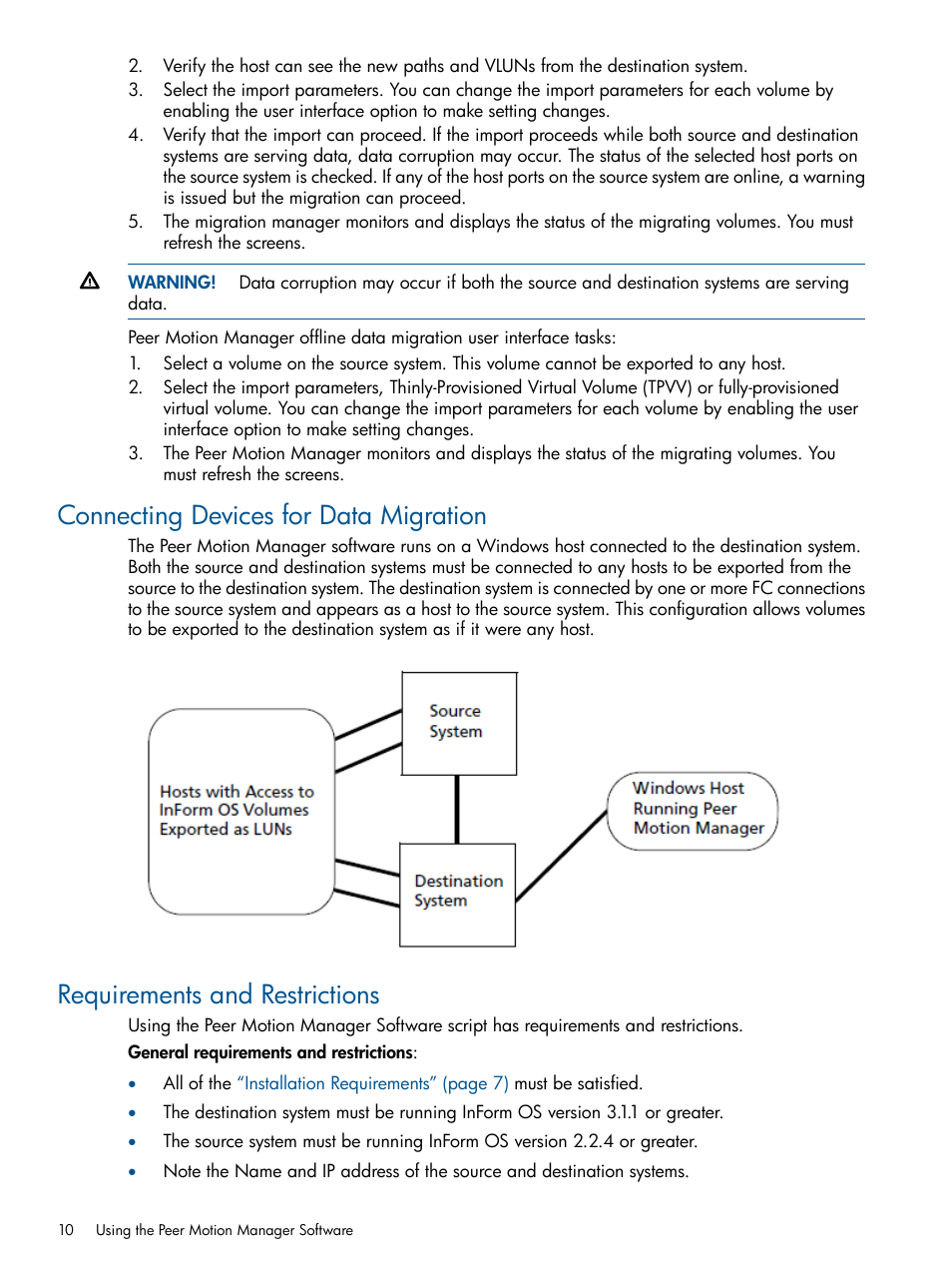 Connecting devices for data migration, Requirements and restrictions | HP 3PAR InForm Software Licenses User Manual | Page 10 / 20