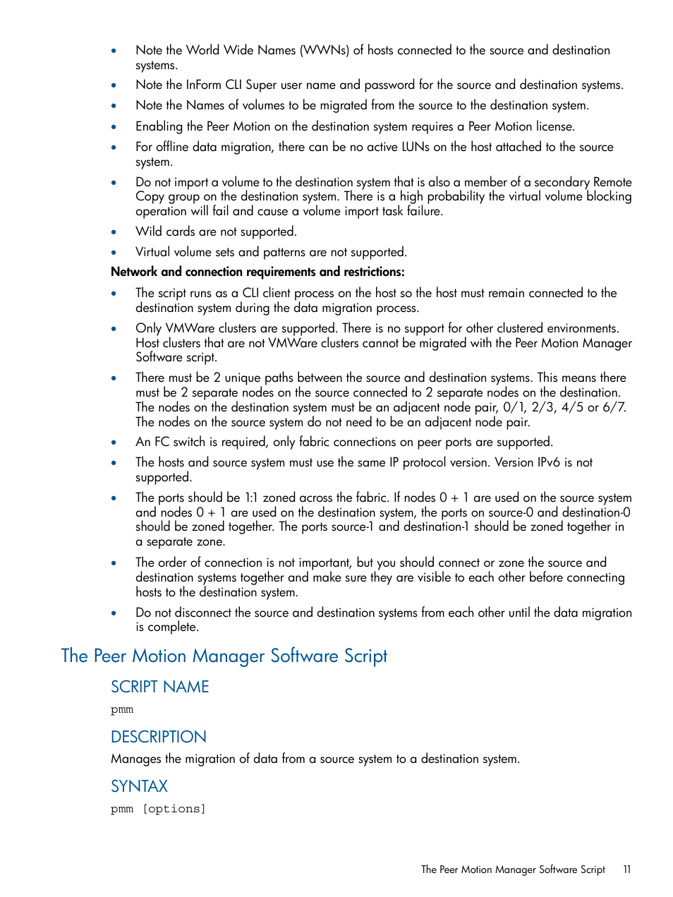 The peer motion manager software script, Script name, Description | Syntax | HP 3PAR InForm Software Licenses User Manual | Page 11 / 20