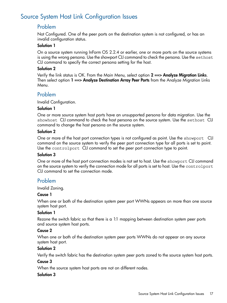 Source system host link configuration issues, Problem | HP 3PAR InForm Software Licenses User Manual | Page 17 / 20