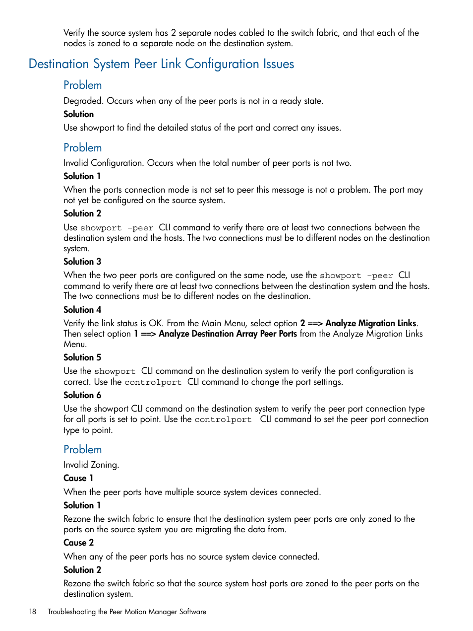 Destination system peer link configuration issues, Problem | HP 3PAR InForm Software Licenses User Manual | Page 18 / 20