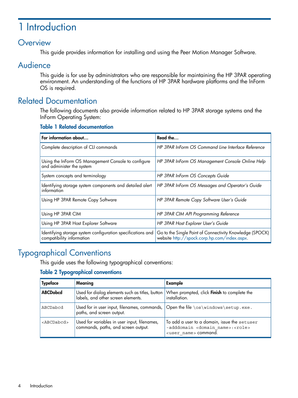 1 introduction, Overview, Audience | Related documentation, Typographical conventions | HP 3PAR InForm Software Licenses User Manual | Page 4 / 20