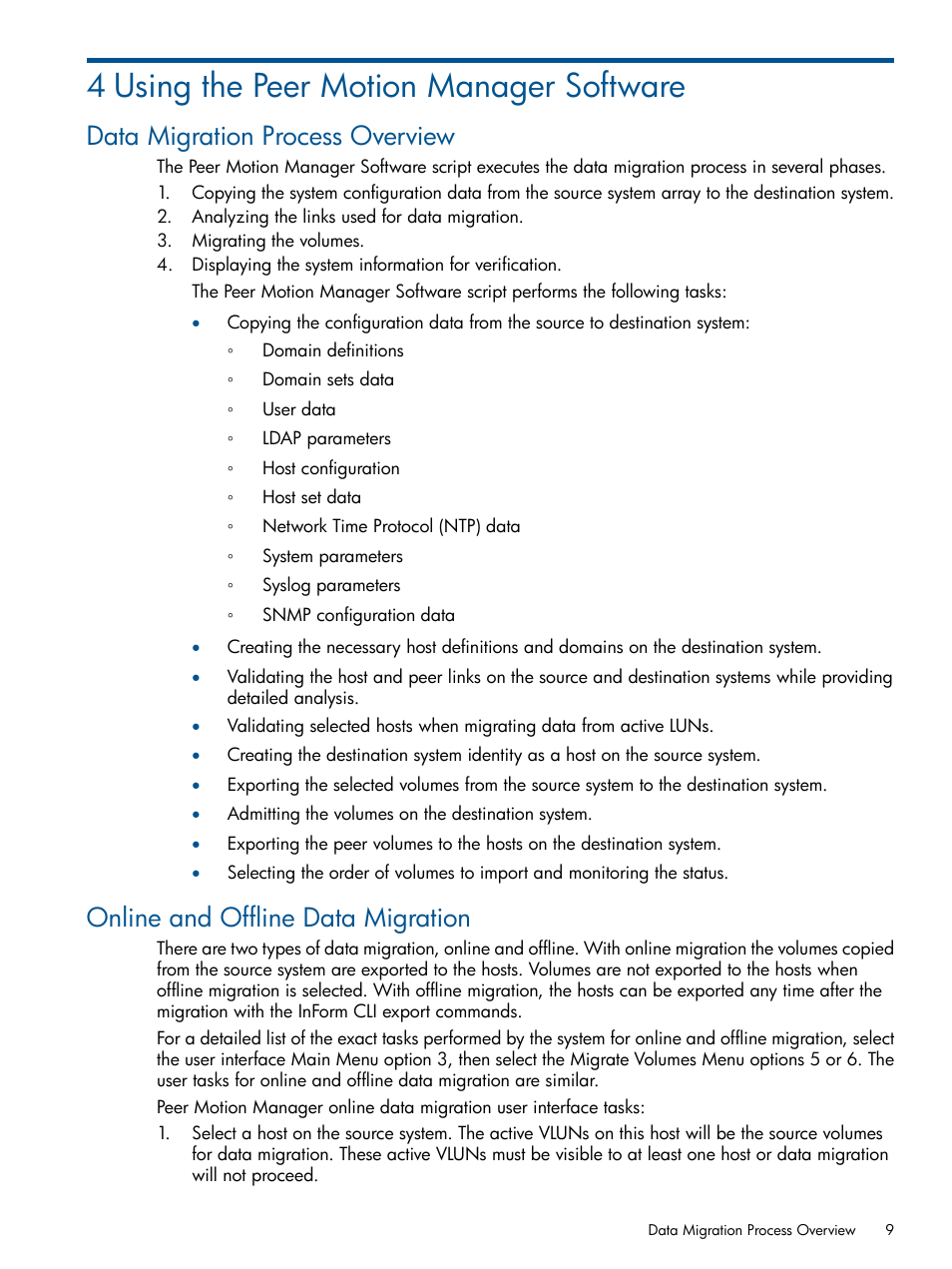 4 using the peer motion manager software, Data migration process overview, Online and offline data migration | HP 3PAR InForm Software Licenses User Manual | Page 9 / 20