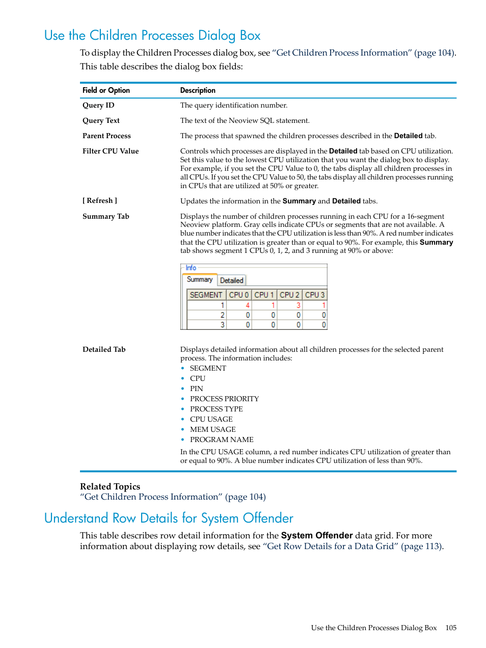 Use the children processes dialog box, Understand row details for system offender | HP Neoview Release 2.4 Software User Manual | Page 105 / 160