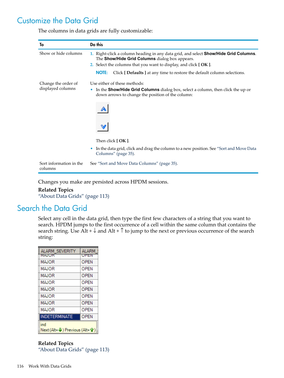 Customize the data grid, Search the data grid, Customize the data grid search the data grid | Customize | HP Neoview Release 2.4 Software User Manual | Page 116 / 160