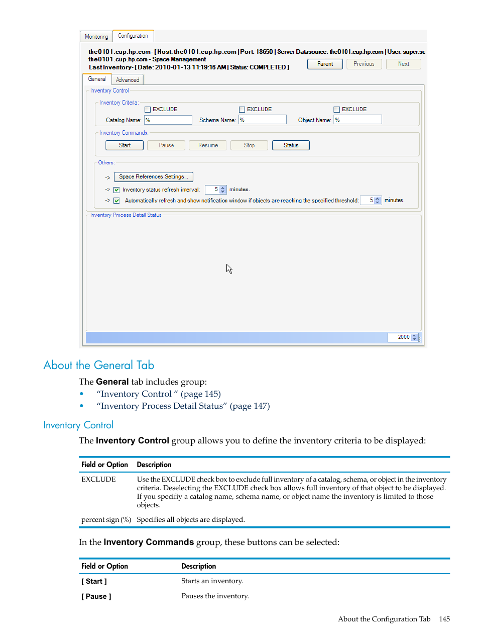 About the general tab, Inventory control | HP Neoview Release 2.4 Software User Manual | Page 145 / 160