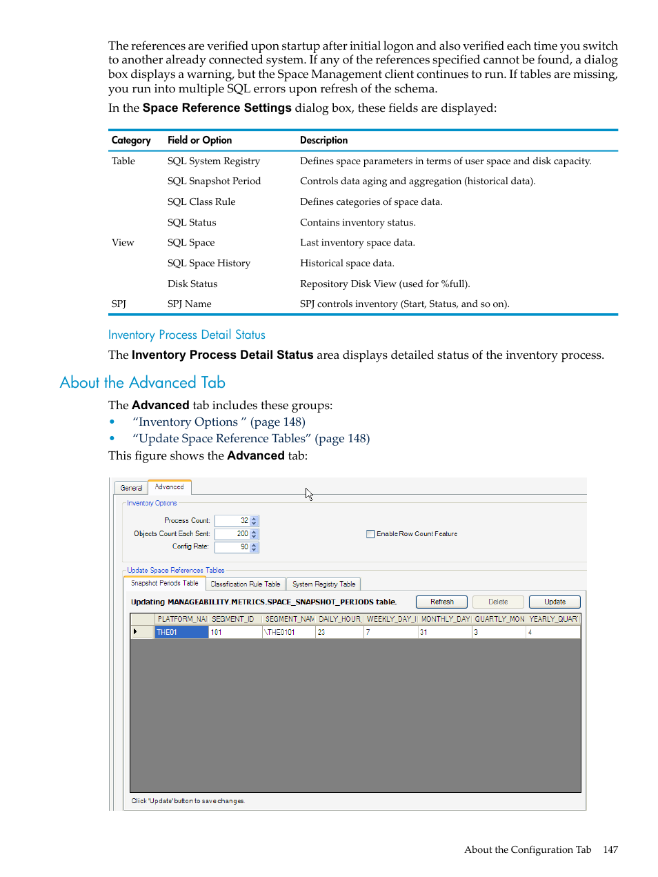 Inventory process detail status, About the advanced tab | HP Neoview Release 2.4 Software User Manual | Page 147 / 160