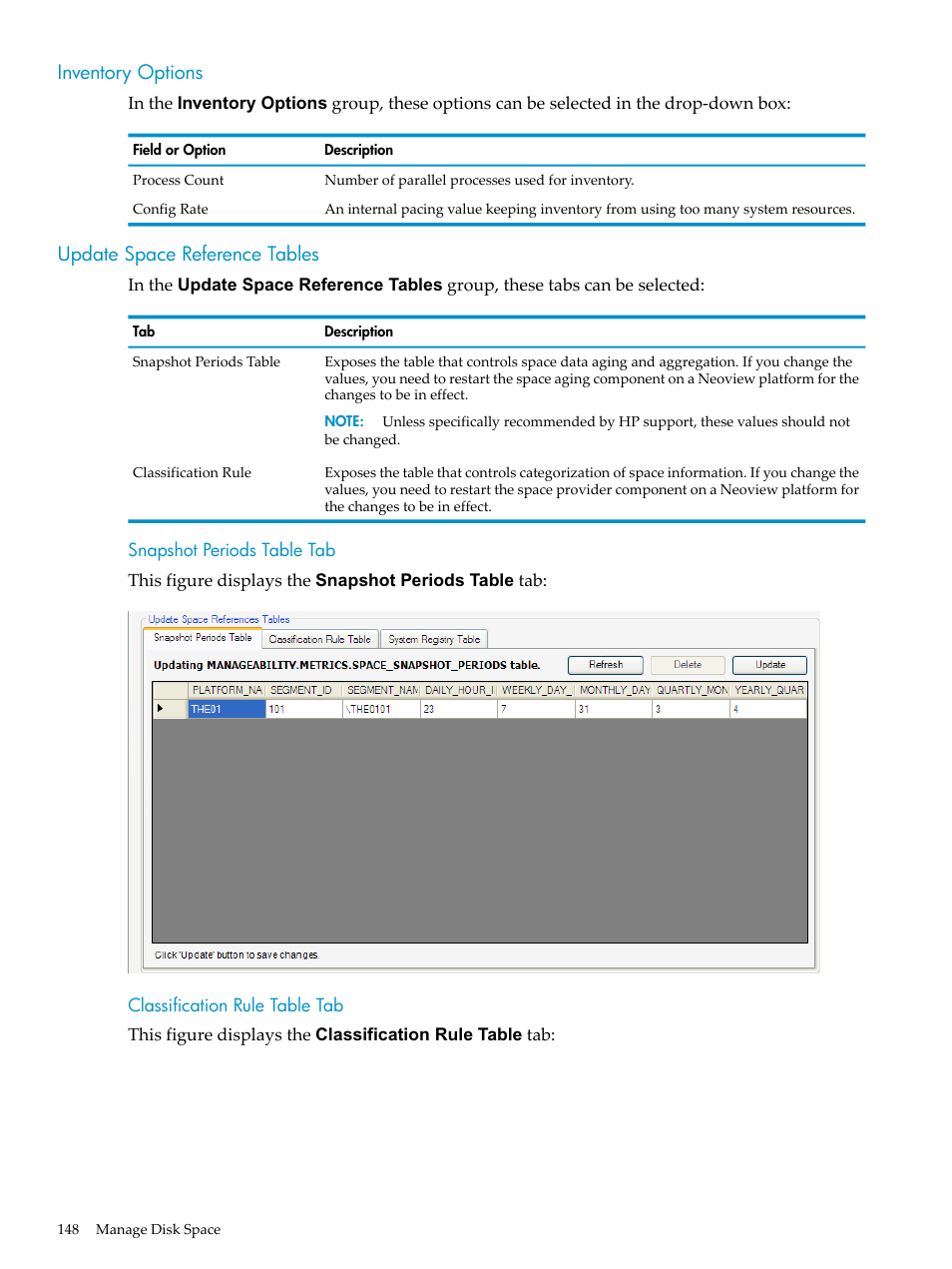 Inventory options, Update space reference tables, Snapshot periods table tab | Classification rule table tab, Inventory options update space reference tables | HP Neoview Release 2.4 Software User Manual | Page 148 / 160