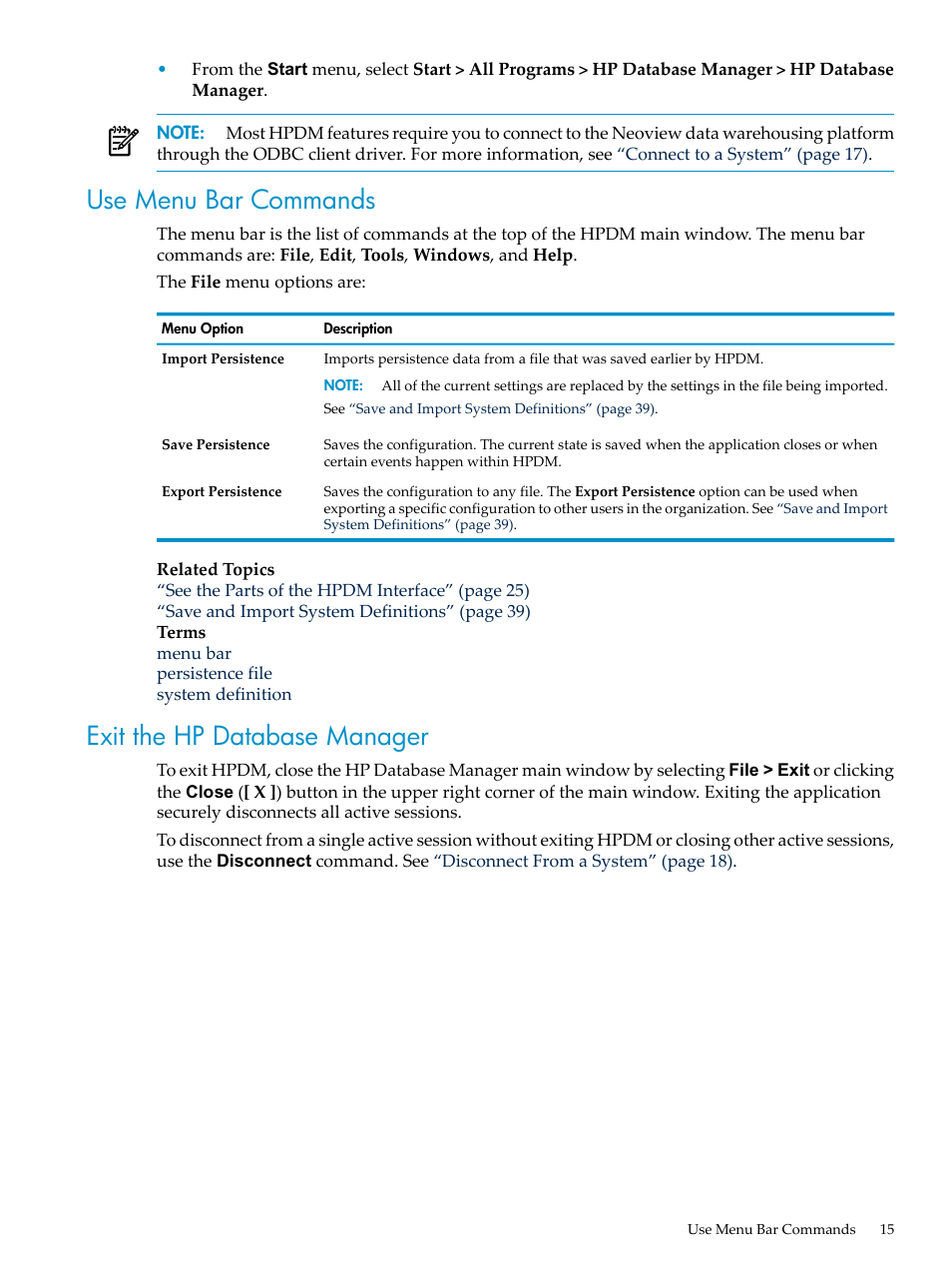 Use menu bar commands, Exit the hp database manager, Use menu bar commands exit the hp database manager | HP Neoview Release 2.4 Software User Manual | Page 15 / 160