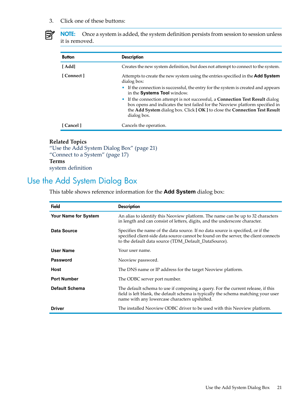 Use the add system dialog box | HP Neoview Release 2.4 Software User Manual | Page 21 / 160