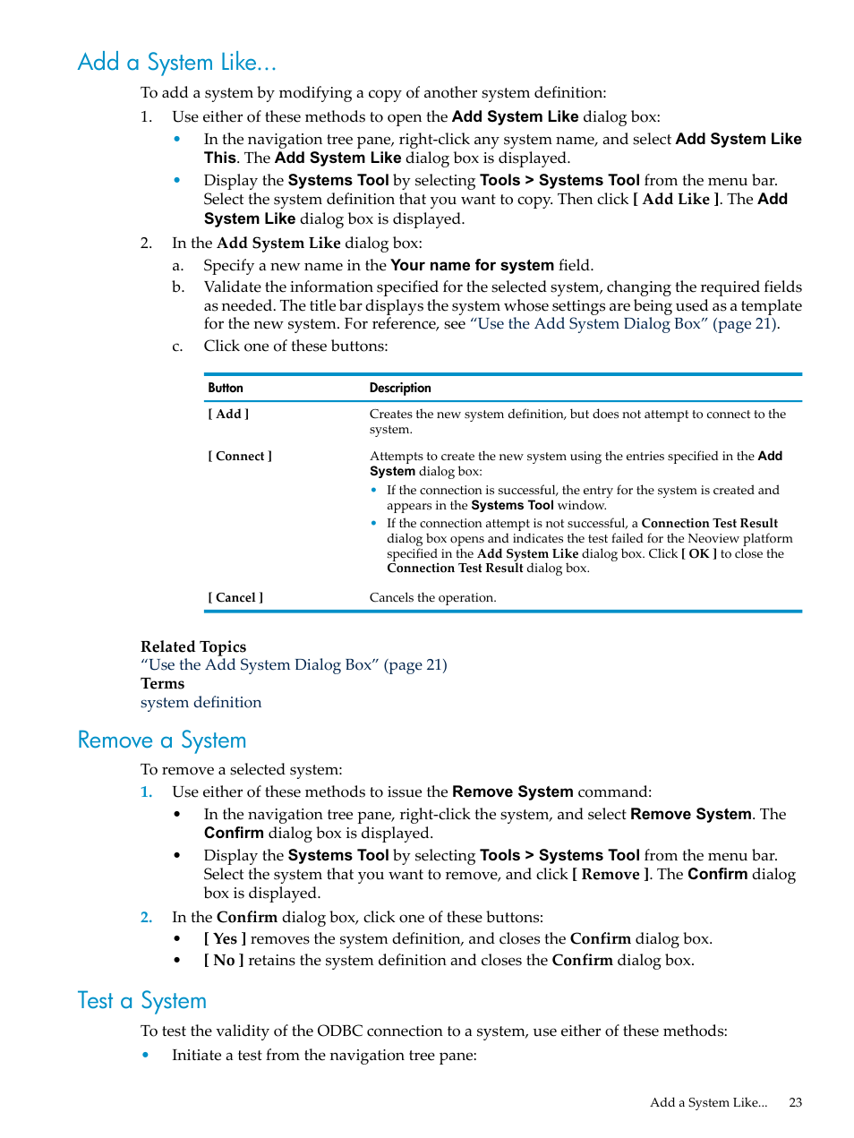 Add a system like, Remove a system, Test a system | Add a system like remove a system test a system | HP Neoview Release 2.4 Software User Manual | Page 23 / 160