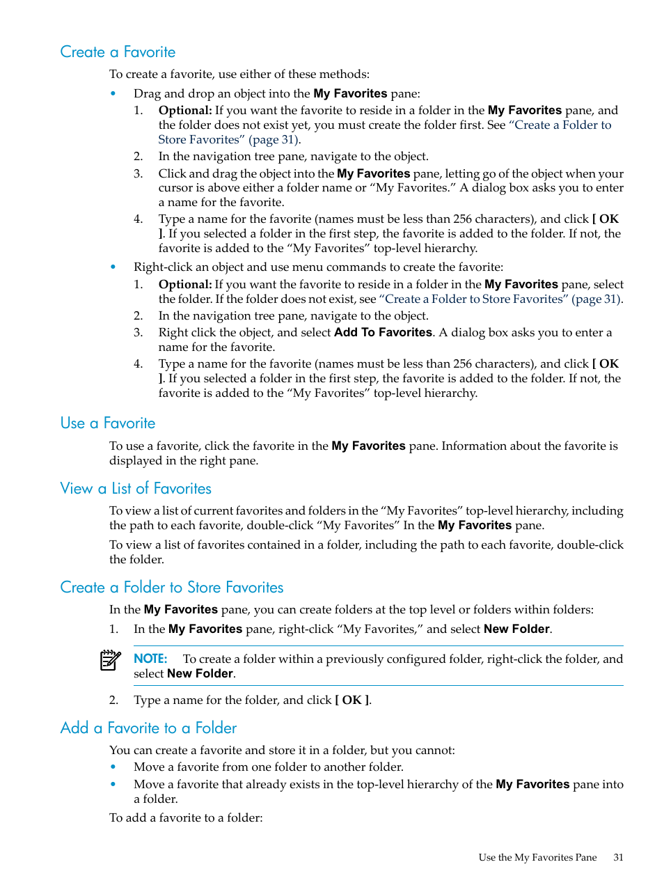 Create a favorite, Use a favorite, View a list of favorites | Create a folder to store favorites, Add a favorite to a folder | HP Neoview Release 2.4 Software User Manual | Page 31 / 160