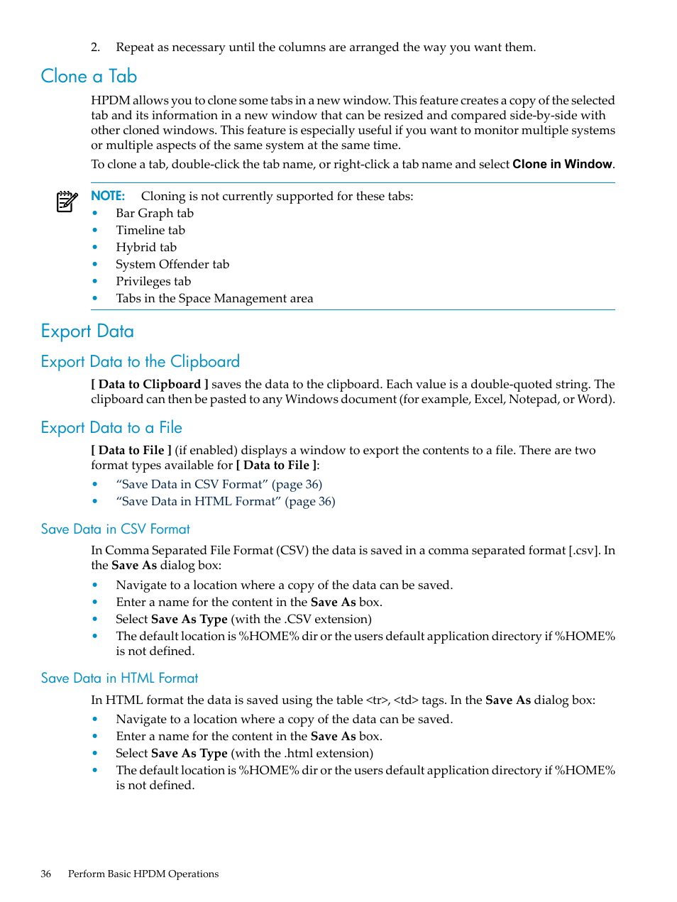 Clone a tab, Export data, Export data to the clipboard | Export data to a file, Save data in csv format, Save data in html format, Clone a tab export data, Export data to the clipboard export data to a file, Save data in csv format save data in html format | HP Neoview Release 2.4 Software User Manual | Page 36 / 160