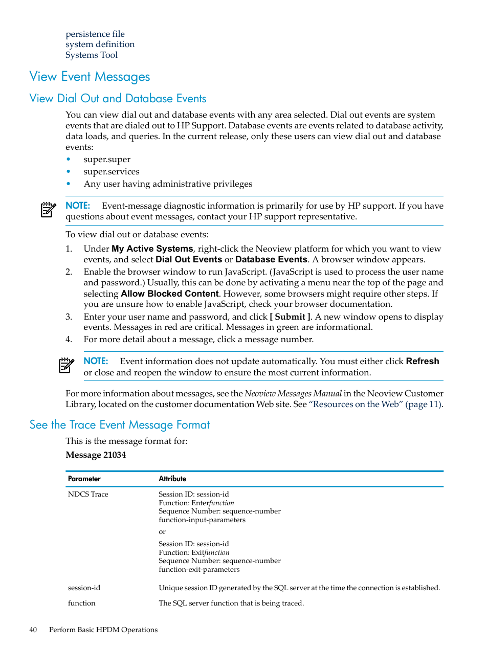 View event messages, View dial out and database events, See the trace event message format | HP Neoview Release 2.4 Software User Manual | Page 40 / 160