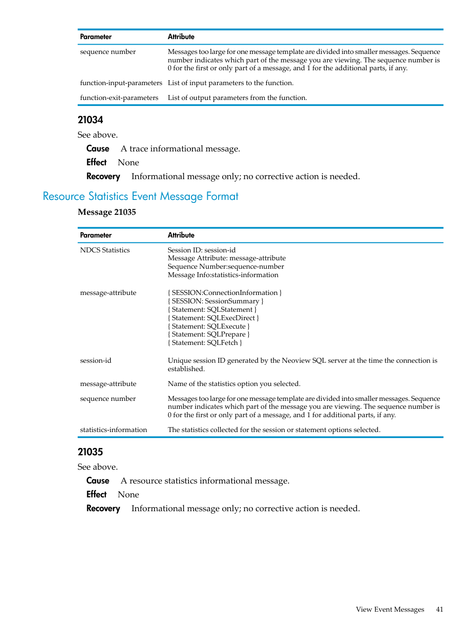 Resource statistics event message format | HP Neoview Release 2.4 Software User Manual | Page 41 / 160