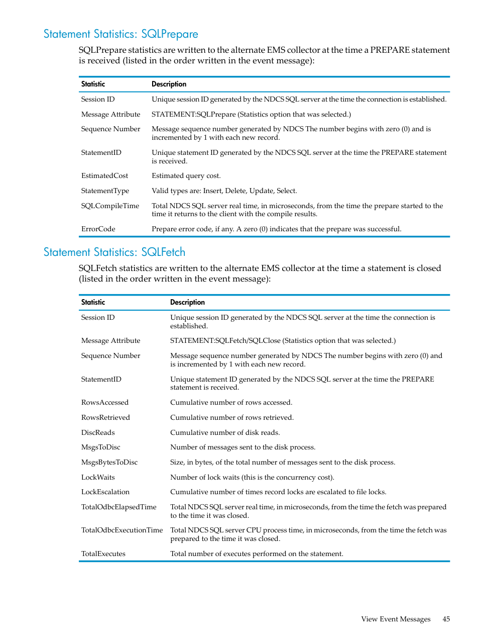 Statement statistics: sqlprepare, Statement statistics: sqlfetch | HP Neoview Release 2.4 Software User Manual | Page 45 / 160