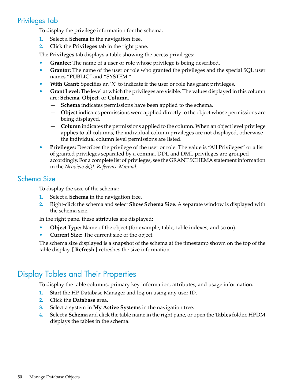 Privileges tab, Schema size, Display tables and their properties | Privileges tab schema size | HP Neoview Release 2.4 Software User Manual | Page 50 / 160