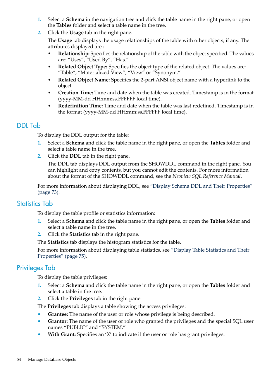 Ddl tab, Statistics tab, Privileges tab | Ddl tab statistics tab privileges tab | HP Neoview Release 2.4 Software User Manual | Page 54 / 160