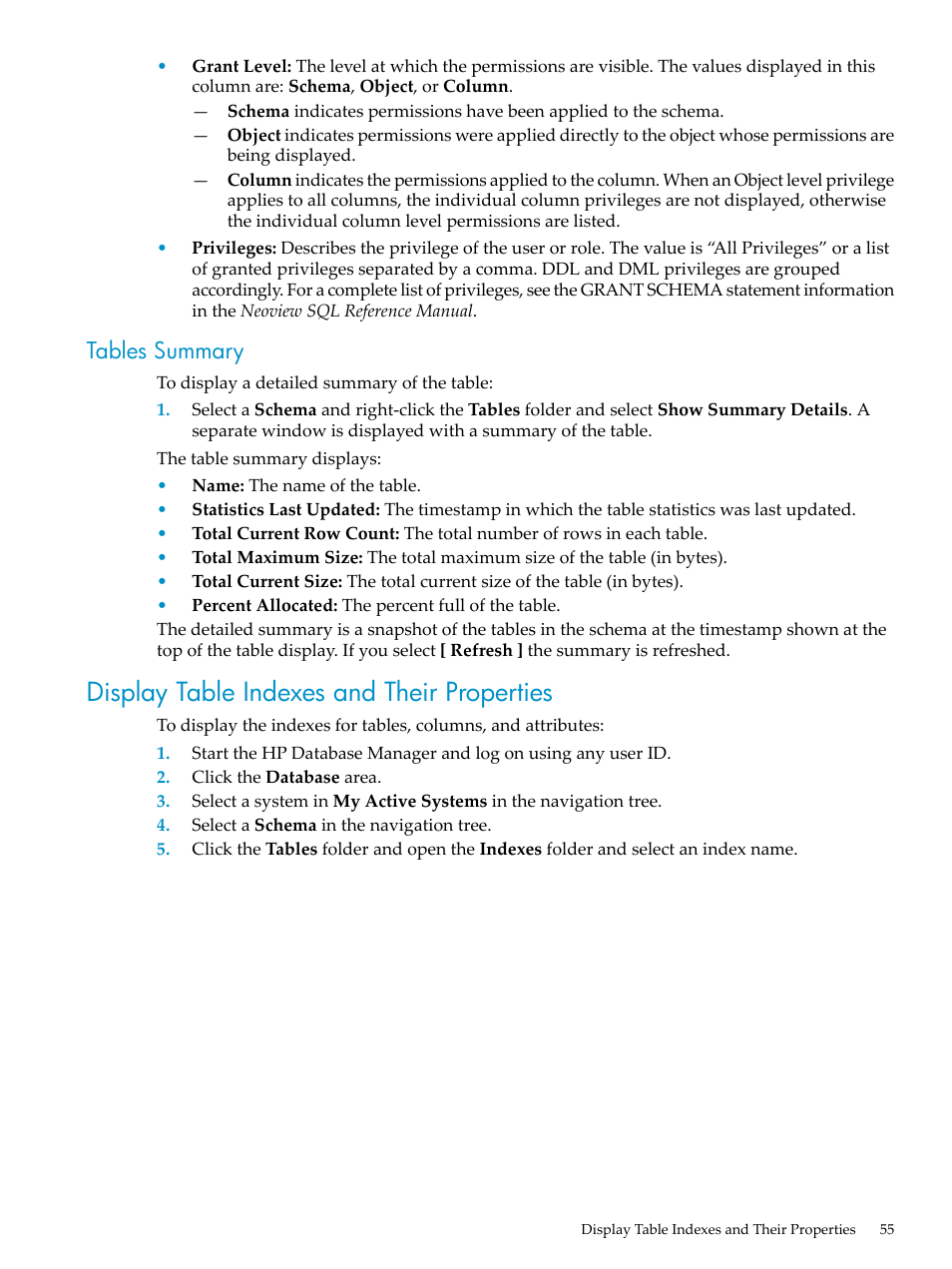 Tables summary, Display table indexes and their properties | HP Neoview Release 2.4 Software User Manual | Page 55 / 160