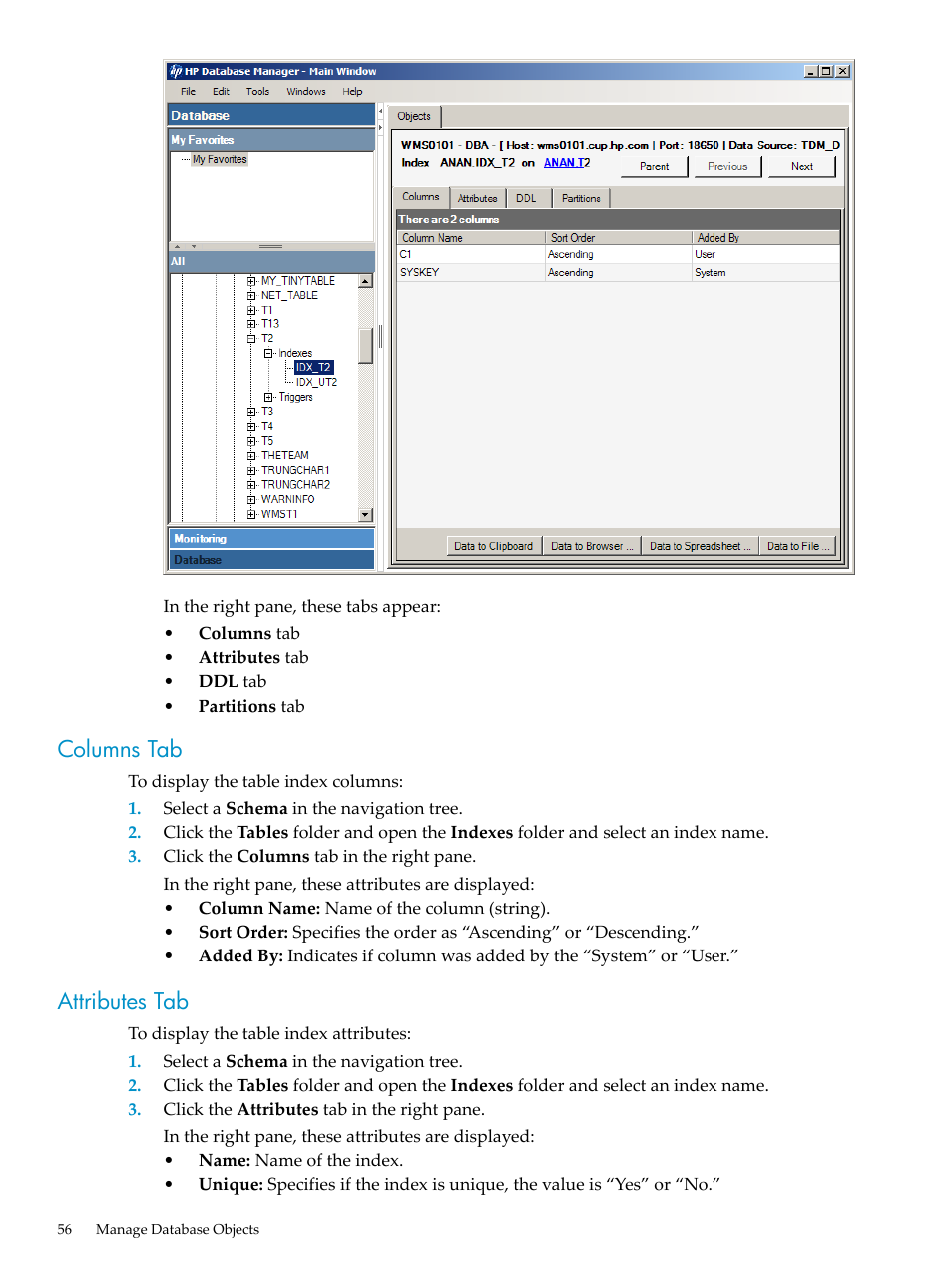 Columns tab, Attributes tab, Columns tab attributes tab | HP Neoview Release 2.4 Software User Manual | Page 56 / 160