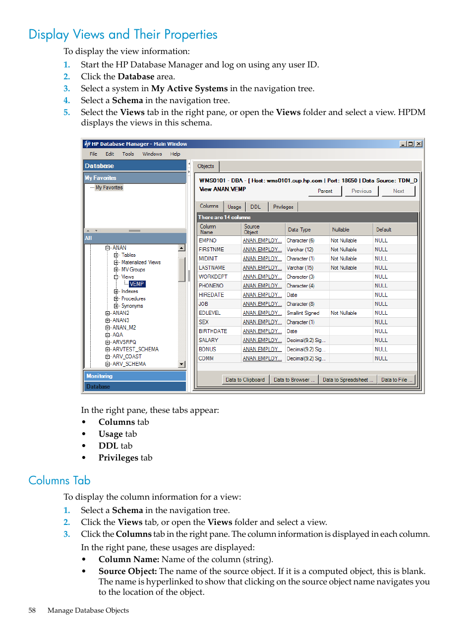 Display views and their properties, Columns tab | HP Neoview Release 2.4 Software User Manual | Page 58 / 160