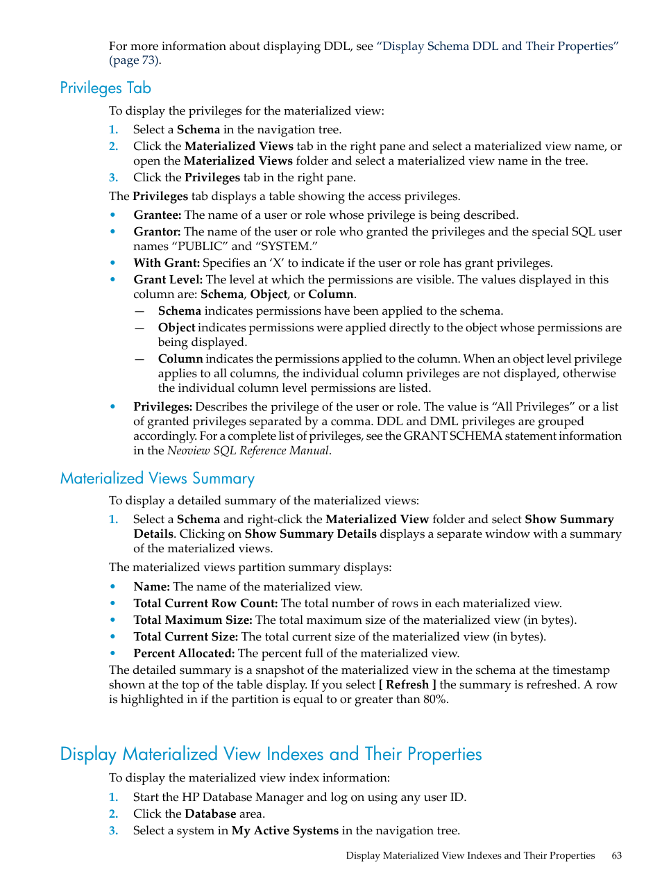 Privileges tab, Materialized views summary, Privileges tab materialized views summary | HP Neoview Release 2.4 Software User Manual | Page 63 / 160