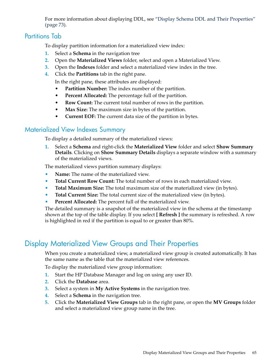 Partitions tab, Materialized view indexes summary, Partitions tab materialized view indexes summary | HP Neoview Release 2.4 Software User Manual | Page 65 / 160