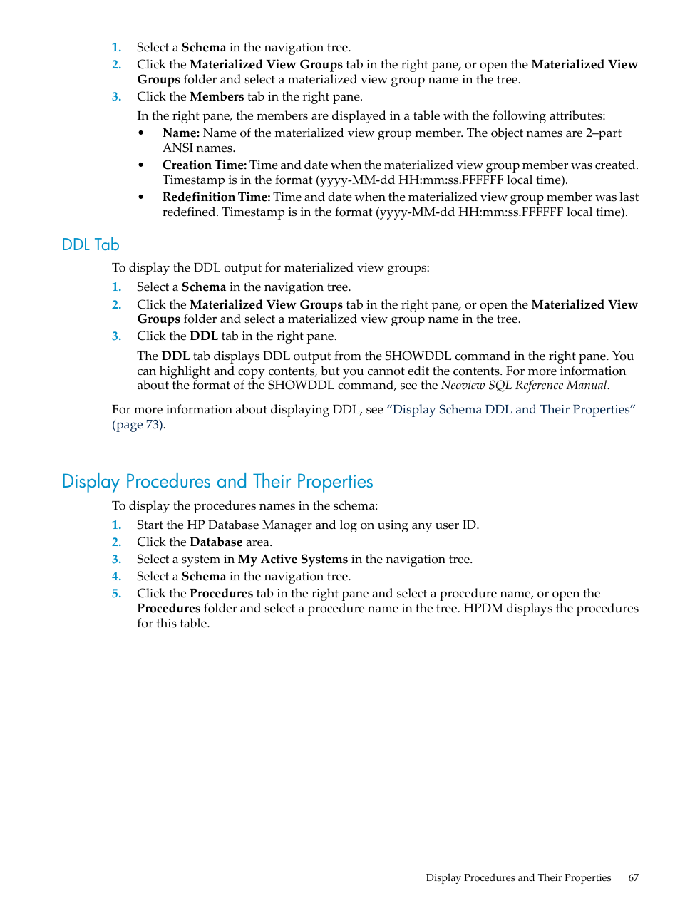 Ddl tab, Display procedures and their properties | HP Neoview Release 2.4 Software User Manual | Page 67 / 160