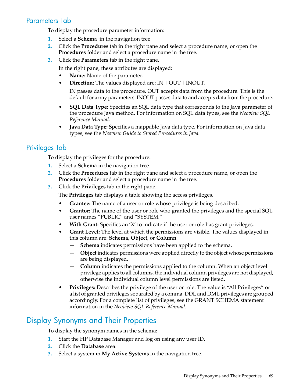 Parameters tab, Privileges tab, Display synonyms and their properties | Parameters tab privileges tab | HP Neoview Release 2.4 Software User Manual | Page 69 / 160