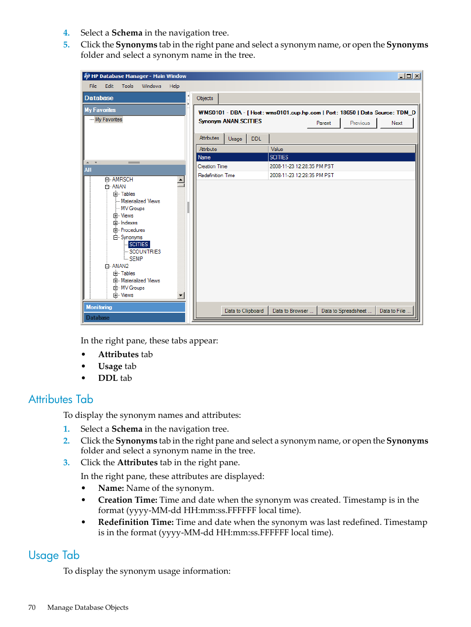 Attributes tab, Usage tab, Attributes tab usage tab | HP Neoview Release 2.4 Software User Manual | Page 70 / 160