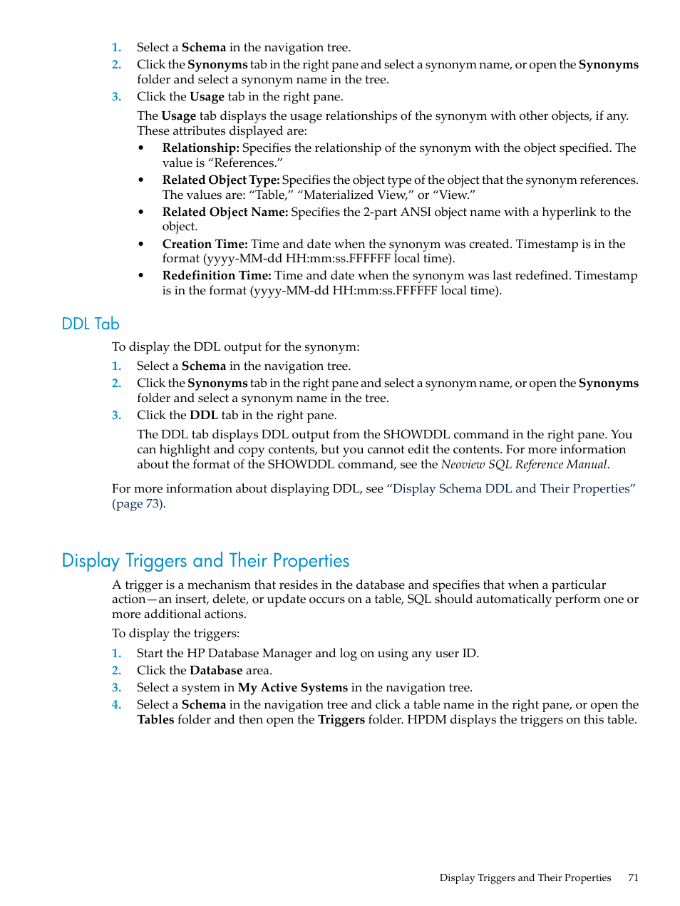 Ddl tab, Display triggers and their properties | HP Neoview Release 2.4 Software User Manual | Page 71 / 160