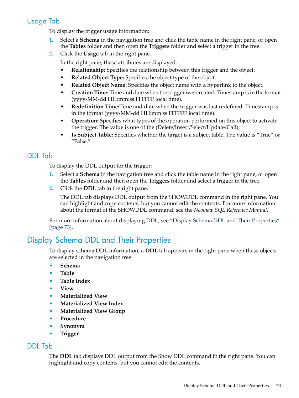 Usage tab, Ddl tab, Display schema ddl and their properties | Usage tab ddl tab | HP Neoview Release 2.4 Software User Manual | Page 73 / 160