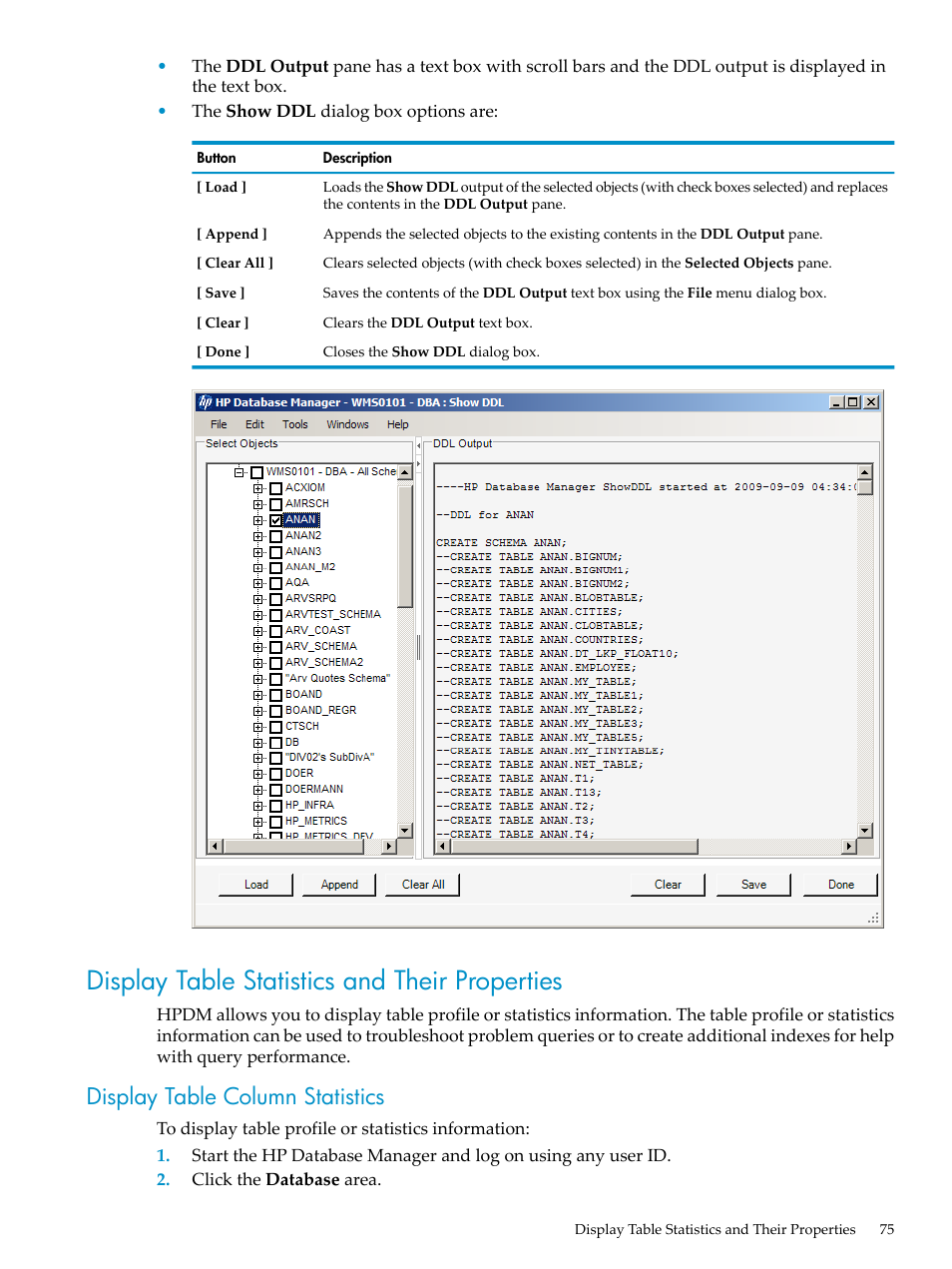 Display table statistics and their properties, Display table column statistics, Display table statistics and their | HP Neoview Release 2.4 Software User Manual | Page 75 / 160