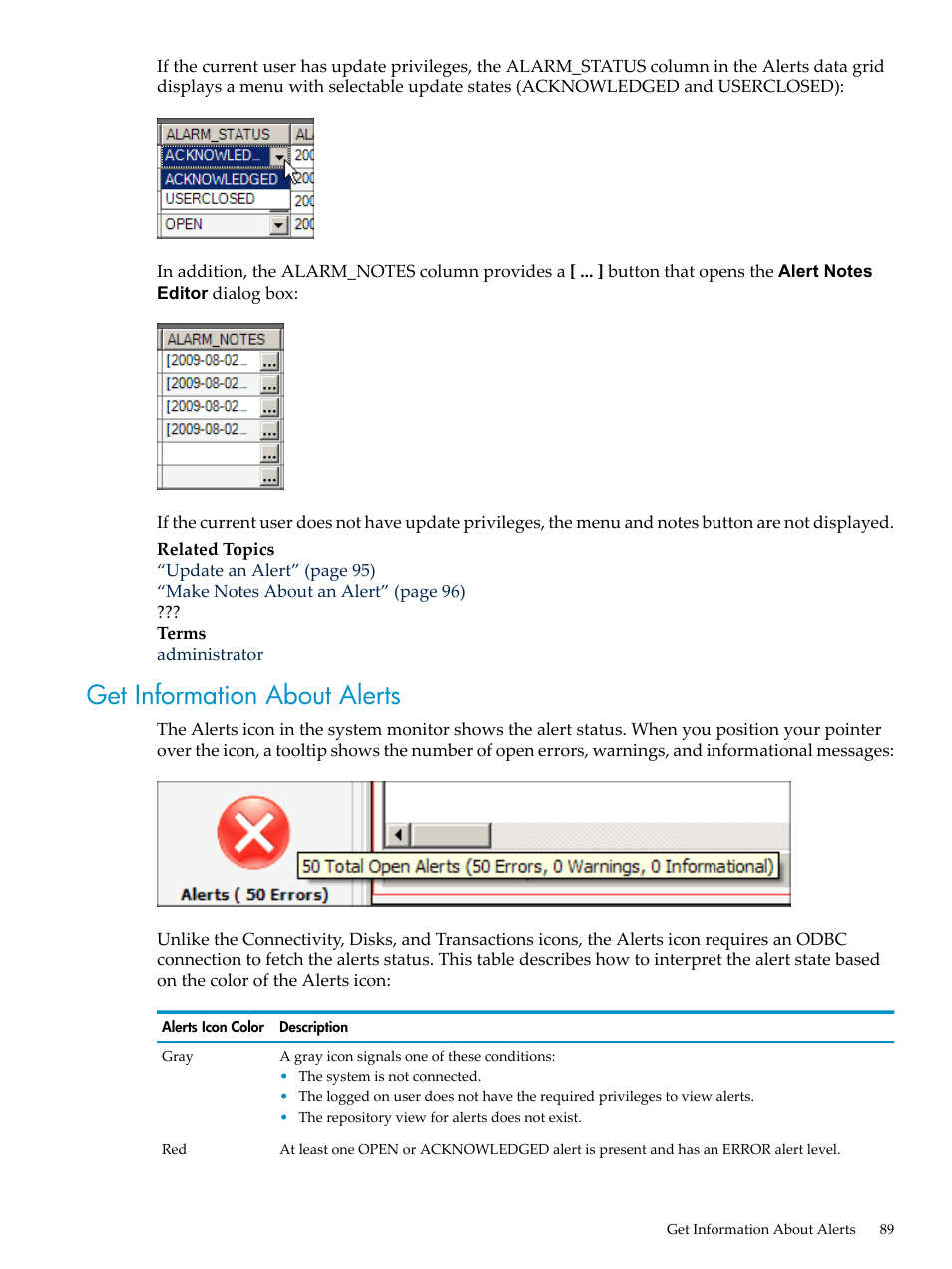 Get information about alerts, Get information about | HP Neoview Release 2.4 Software User Manual | Page 89 / 160