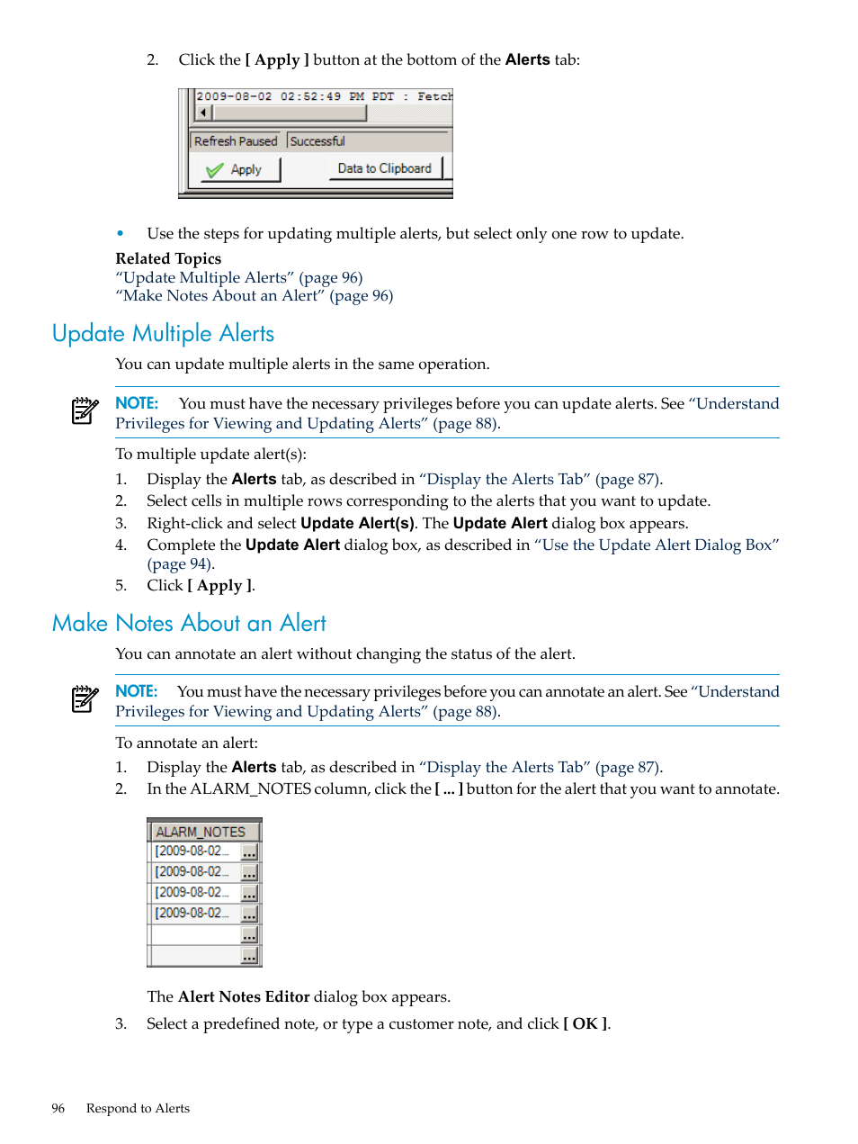 Update multiple alerts, Make notes about an alert, Update multiple alerts make notes about an alert | HP Neoview Release 2.4 Software User Manual | Page 96 / 160