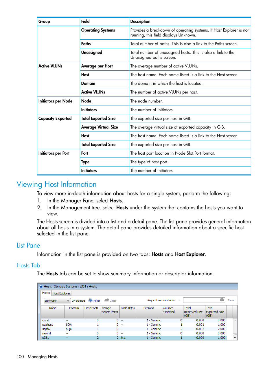 Viewing host information, List pane, Hosts tab | HP 3PAR Operating System Software User Manual | Page 100 / 526