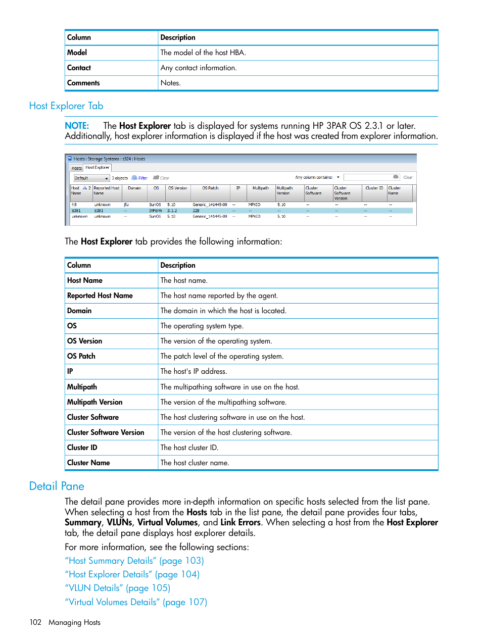 Host explorer tab, Detail pane | HP 3PAR Operating System Software User Manual | Page 102 / 526