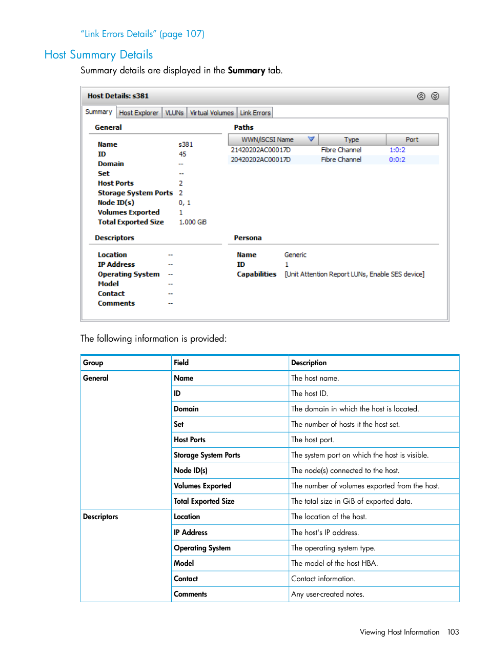 Host summary details | HP 3PAR Operating System Software User Manual | Page 103 / 526