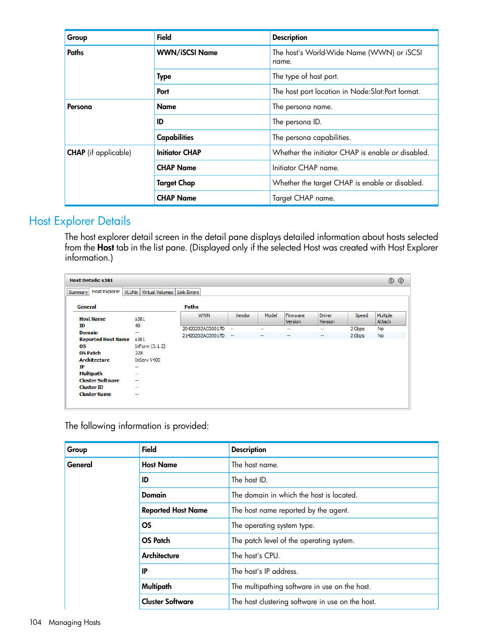 Host explorer details | HP 3PAR Operating System Software User Manual | Page 104 / 526