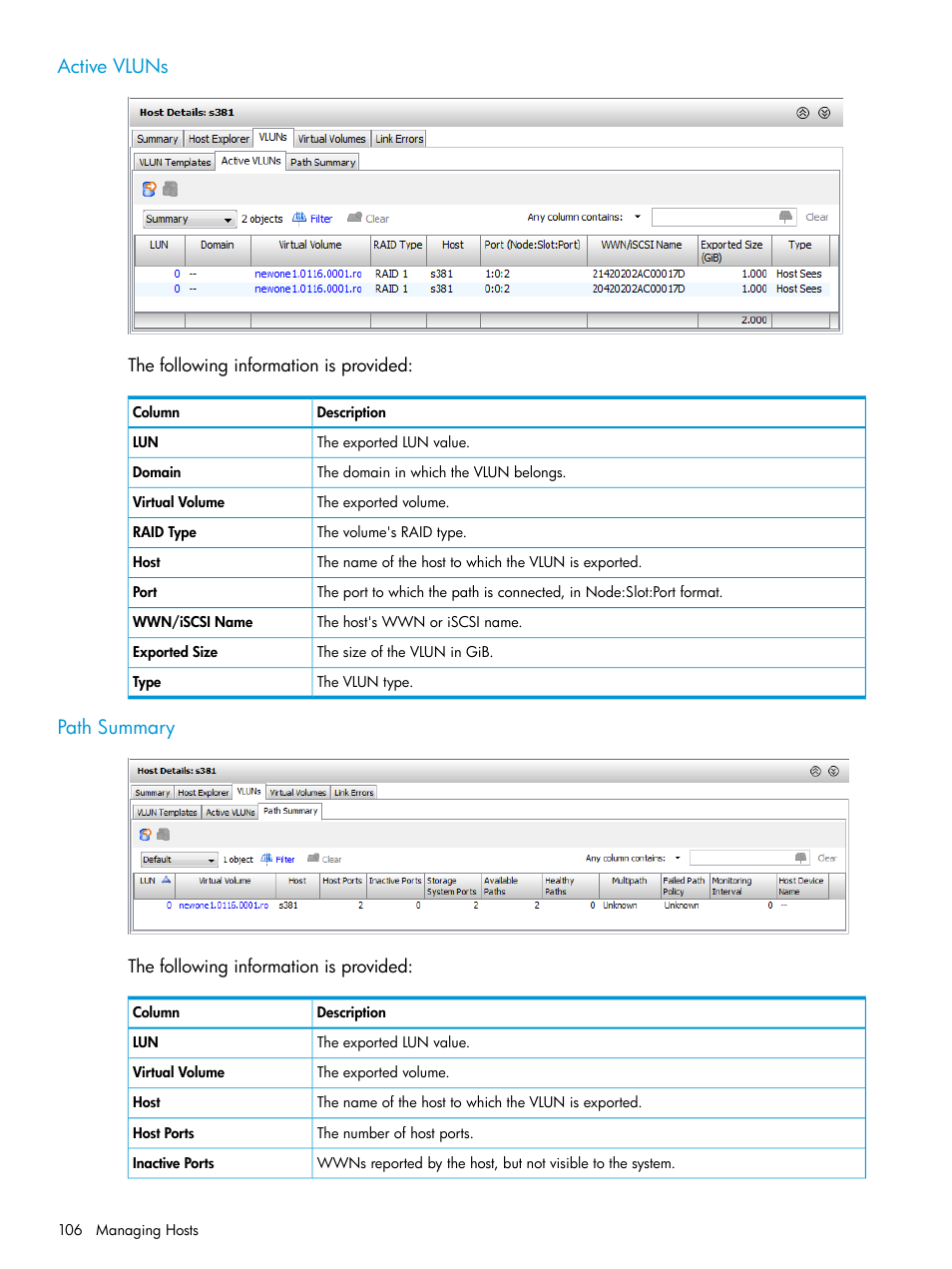 Active vluns, Path summary, Active vluns path summary | HP 3PAR Operating System Software User Manual | Page 106 / 526