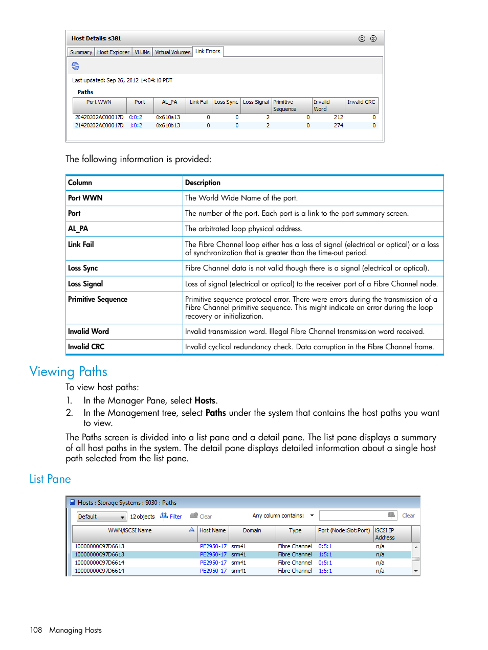Viewing paths, List pane | HP 3PAR Operating System Software User Manual | Page 108 / 526